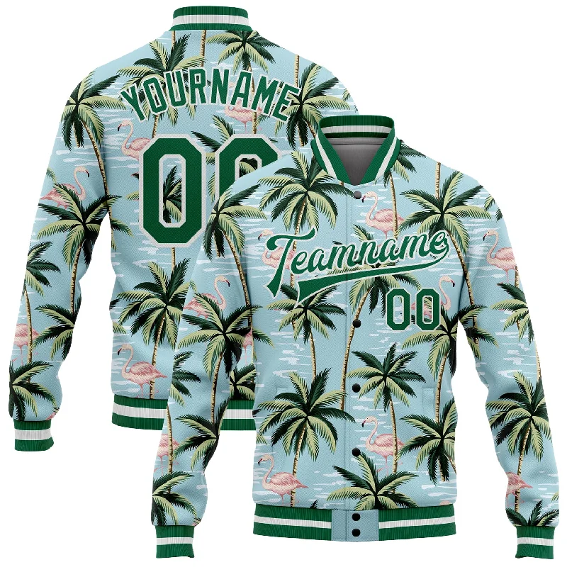Breathable And Lightweight Unisex Wear Limited Time Offer Custom Lakes Blue Kelly Green-White Flamingo And Tropical Hawaii Palm Tree 3D Bomber Full-Snap Varsity Letterman Jacket Breathable And Lightweight Unisex Wear Limited Time Offer Custom Lakes Blue Kelly Green-White Flamingo And Tropical Hawaii Palm Tree 3D Bomber Full-Snap Varsity Letterman Jacket