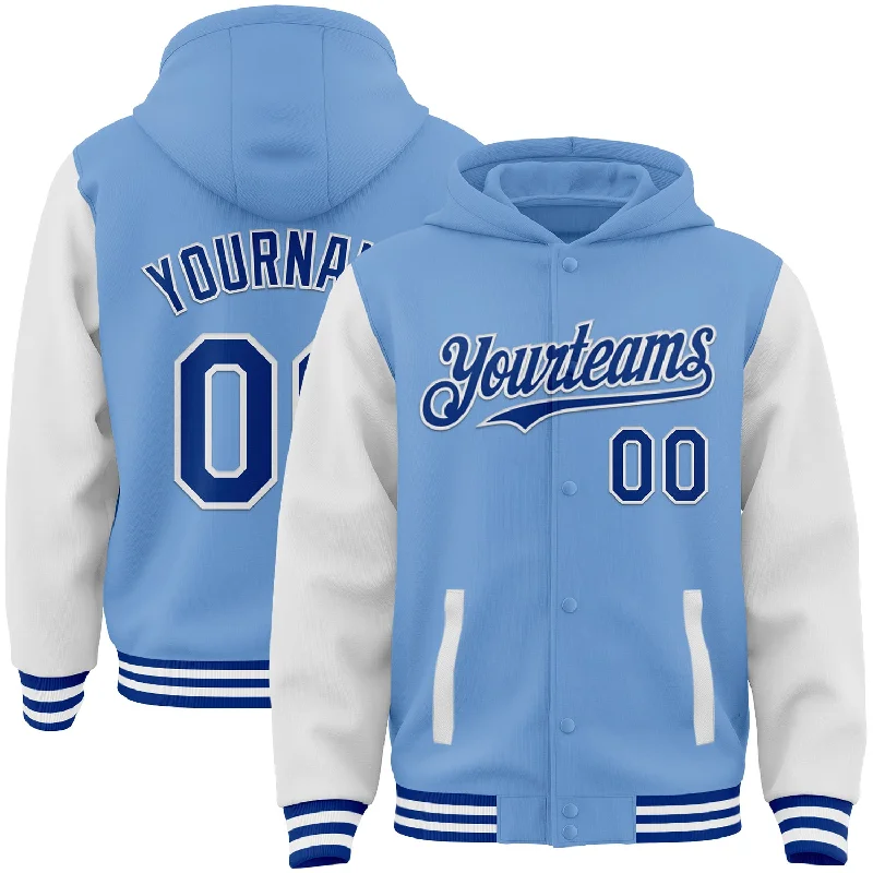 Urban Unisex Fashion Outfits Sleek Style Discounts Custom Light Blue Royal-White Bomber Full-Snap Varsity Letterman Two Tone Hoodie Jacket Urban Unisex Fashion Outfits Sleek Style Discounts Custom Light Blue Royal-White Bomber Full-Snap Varsity Letterman Two Tone Hoodie Jacket