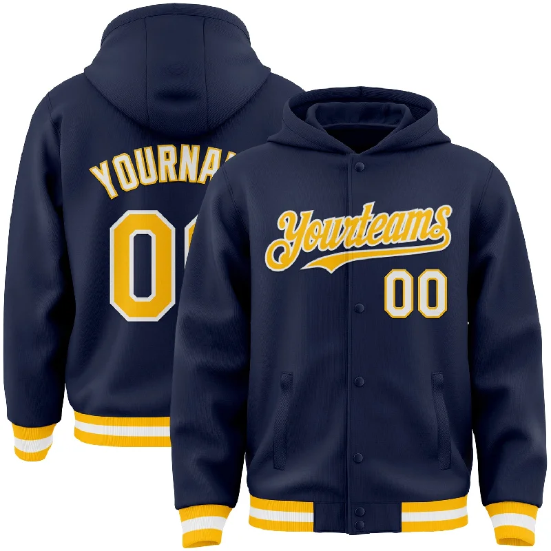 Modern Unisex Streetwear Outfits Limited Stock, Big Discounts Custom Navy Gold-White Bomber Full-Snap Varsity Letterman Hoodie Jacket