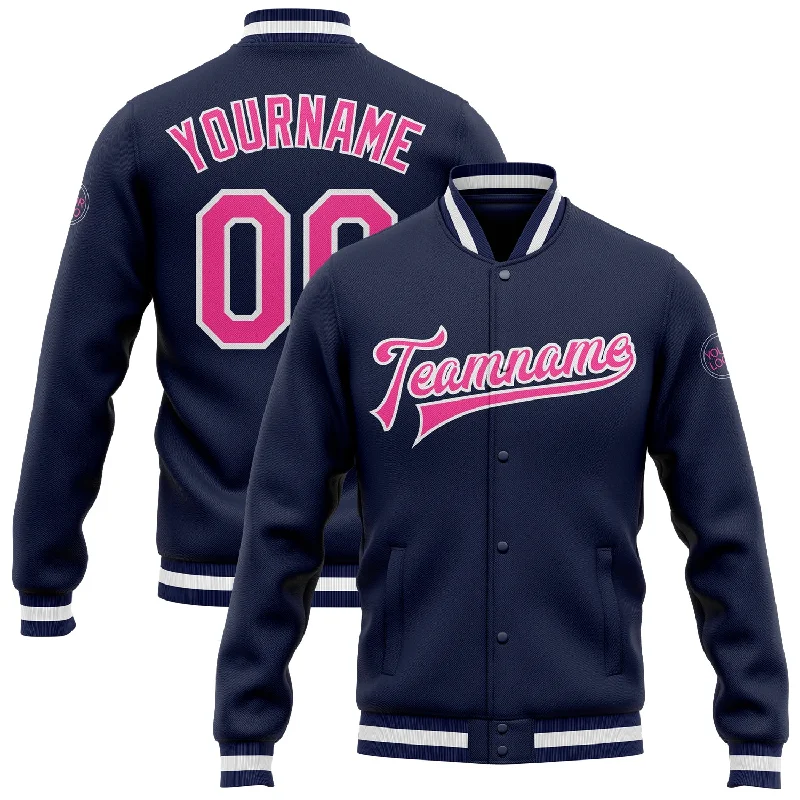 Sleek And Comfortable Unisex Wear Affordable Trendy Fashion Custom Navy Pink-White Bomber Full-Snap Varsity Letterman Jacket Sleek And Comfortable Unisex Wear Affordable Trendy Fashion Custom Navy Pink-White Bomber Full-Snap Varsity Letterman Jacket