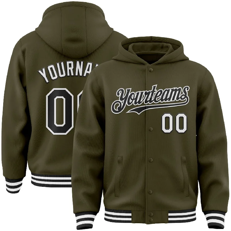 Relaxed-Fit Unisex Clothing Options Feminine Luxe Style Sale Custom Olive Black-White Bomber Full-Snap Varsity Letterman Salute To Service Hoodie Jacket Relaxed-Fit Unisex Clothing Options Feminine Luxe Style Sale Custom Olive Black-White Bomber Full-Snap Varsity Letterman Salute To Service Hoodie Jacket