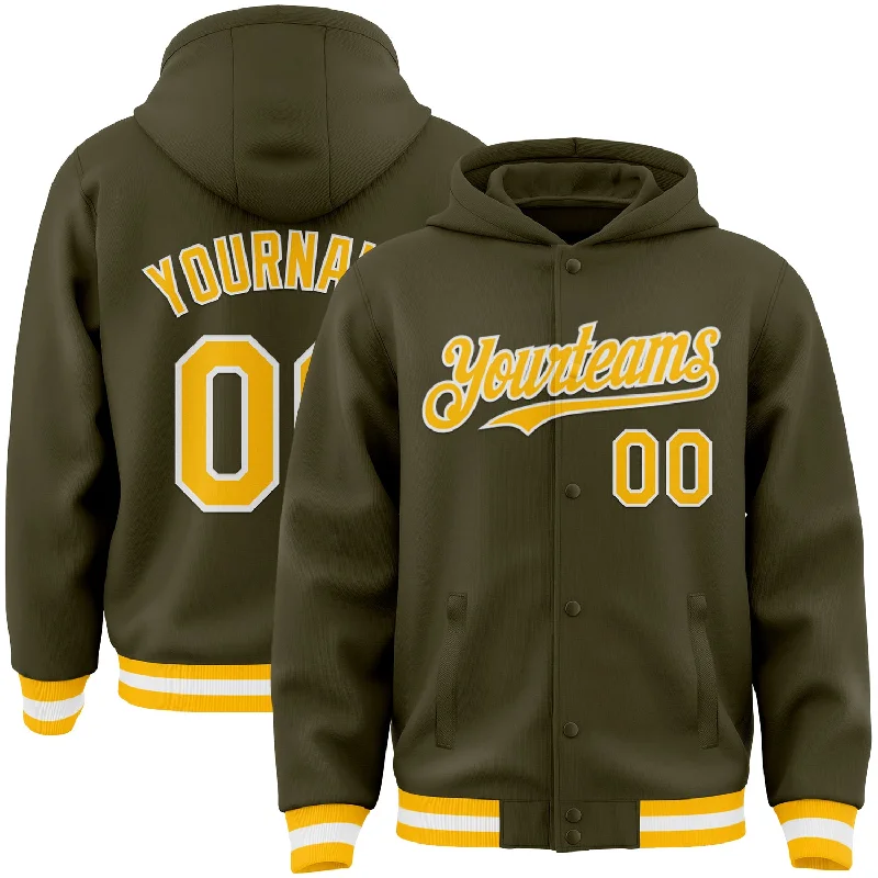 Fashion-Forward Gender-Neutral Outerwear High-End Style Discounts Custom Olive Gold-White Bomber Full-Snap Varsity Letterman Salute To Service Hoodie Jacket Fashion-Forward Gender-Neutral Outerwear High-End Style Discounts Custom Olive Gold-White Bomber Full-Snap Varsity Letterman Salute To Service Hoodie Jacket
