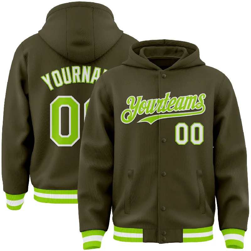 Versatile And Stylish Unisex Apparel Elevated Casual Discounts Custom Olive Neon Green-White Bomber Full-Snap Varsity Letterman Salute To Service Hoodie Jacket Versatile And Stylish Unisex Apparel Elevated Casual Discounts Custom Olive Neon Green-White Bomber Full-Snap Varsity Letterman Salute To Service Hoodie Jacket