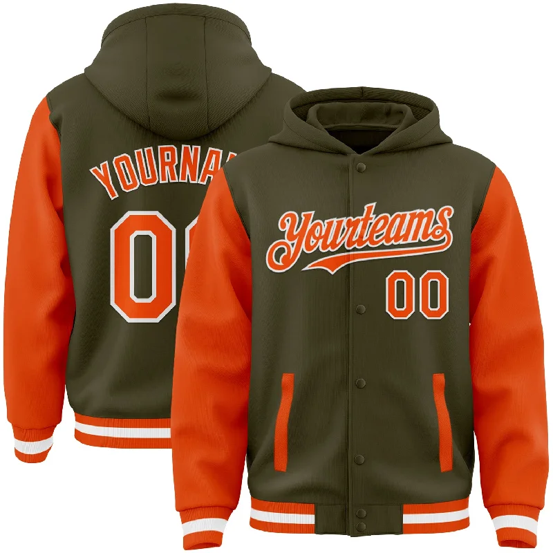 Minimalist Unisex Fashion Must-Haves Classic Elegance Sales Custom Olive Orange-White Bomber Full-Snap Varsity Letterman Two Tone Salute To Service Hoodie Jacket Minimalist Unisex Fashion Must-Haves Classic Elegance Sales Custom Olive Orange-White Bomber Full-Snap Varsity Letterman Two Tone Salute To Service Hoodie Jacket