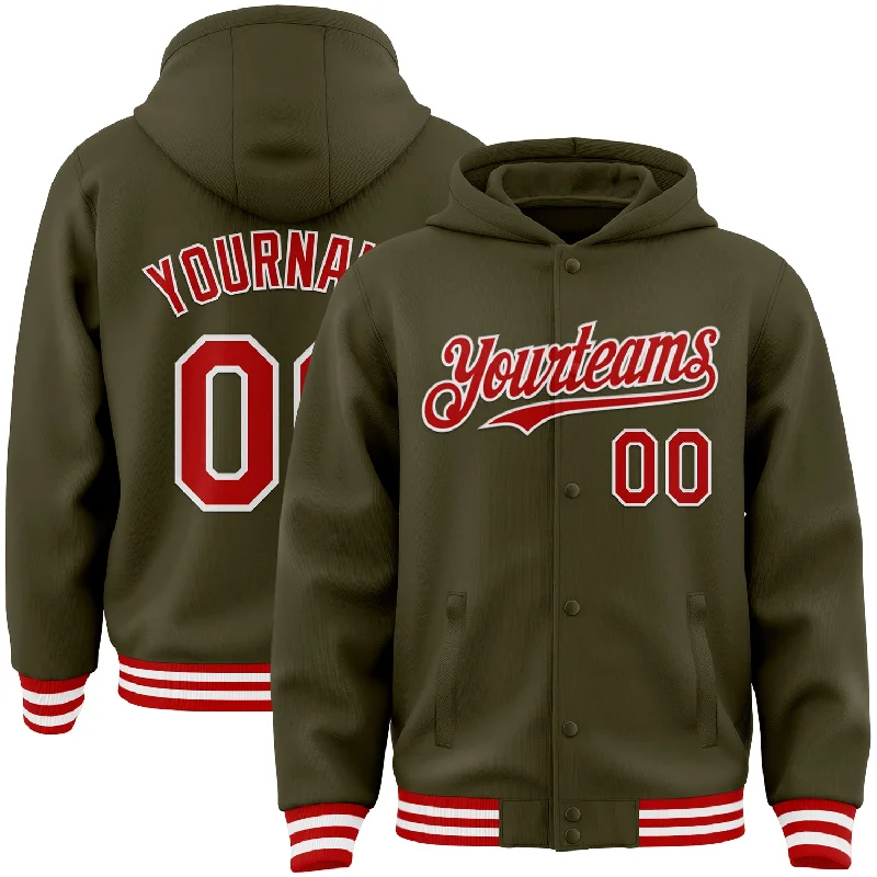 Stylish Unisex Outfit Ideas Daring Fashion Promotions Custom Olive Red-White Bomber Full-Snap Varsity Letterman Salute To Service Hoodie Jacket Stylish Unisex Outfit Ideas Daring Fashion Promotions Custom Olive Red-White Bomber Full-Snap Varsity Letterman Salute To Service Hoodie Jacket