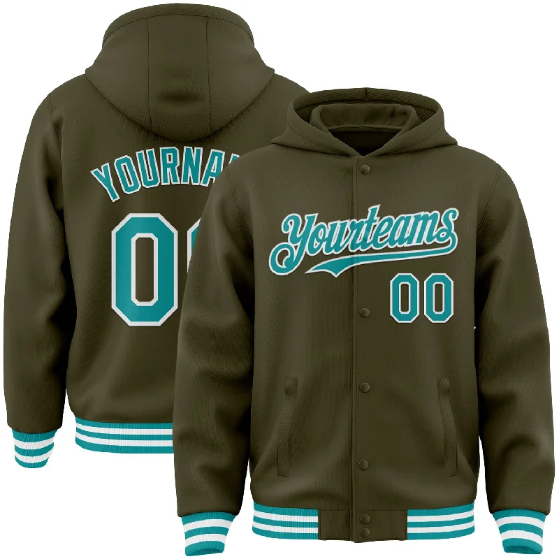 Effortless And Modern Unisex Dressing Feminine Style Promotions Custom Olive Teal-White Bomber Full-Snap Varsity Letterman Salute To Service Hoodie Jacket Effortless And Modern Unisex Dressing Feminine Style Promotions Custom Olive Teal-White Bomber Full-Snap Varsity Letterman Salute To Service Hoodie Jacket