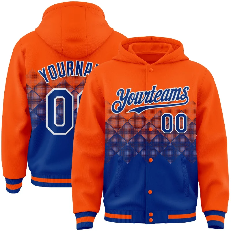 Gender-Neutral Clothing Styles Sophisticated Street Style Offers Custom Orange Royal-White Gradient Square Shape 3D Pattern Design Bomber Full-Snap Varsity Letterman Hoodie Jacket Gender-Neutral Clothing Styles Sophisticated Street Style Offers Custom Orange Royal-White Gradient Square Shape 3D Pattern Design Bomber Full-Snap Varsity Letterman Hoodie Jacket