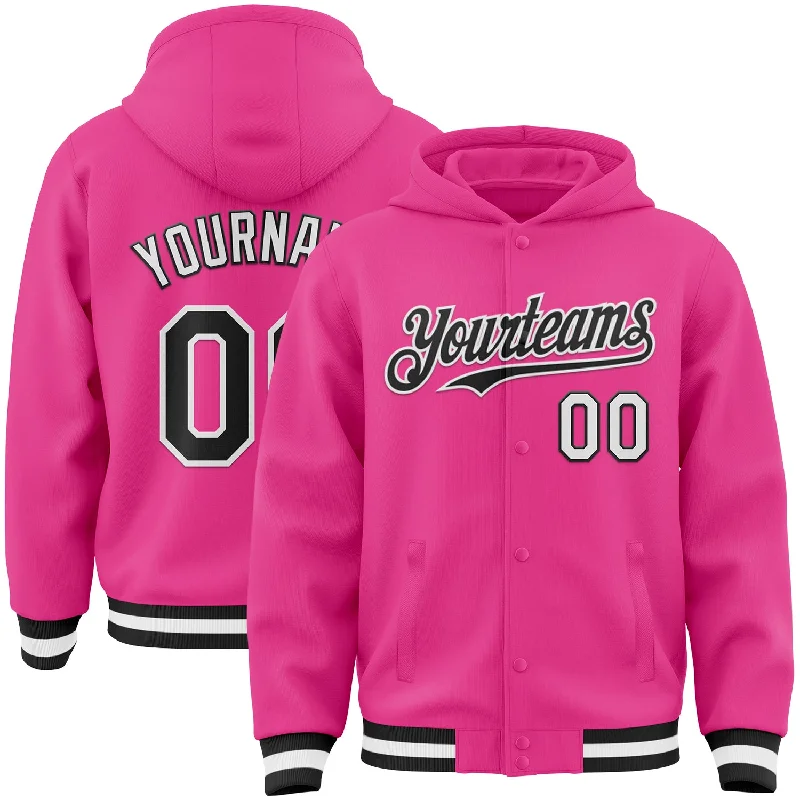 Trendy Unisex Sleek Style Discounts Custom Pink Black-White Bomber Full-Snap Varsity Letterman Hoodie Jacket Trendy Unisex Sleek Style Discounts Custom Pink Black-White Bomber Full-Snap Varsity Letterman Hoodie Jacket
