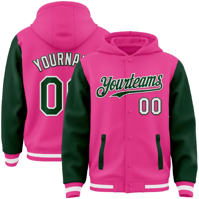 Modern Unisex Streetwear Outfits Everyday Elegance Sale Custom Pink Green-White Bomber Full-Snap Varsity Letterman Two Tone Hoodie Jacket Modern Unisex Streetwear Outfits Everyday Elegance Sale Custom Pink Green-White Bomber Full-Snap Varsity Letterman Two Tone Hoodie Jacket