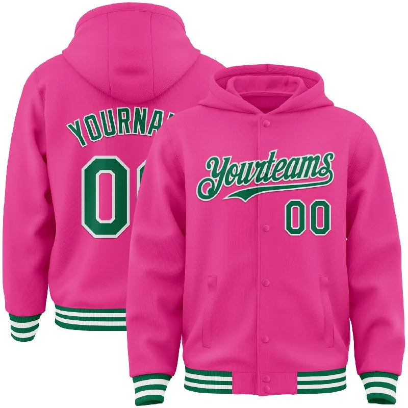Functional And Stylish Unisex Outerwear Hurry Before It'S Gone Custom Pink Kelly Green-White Bomber Full-Snap Varsity Letterman Hoodie Jacket Functional And Stylish Unisex Outerwear Hurry Before It'S Gone Custom Pink Kelly Green-White Bomber Full-Snap Varsity Letterman Hoodie Jacket