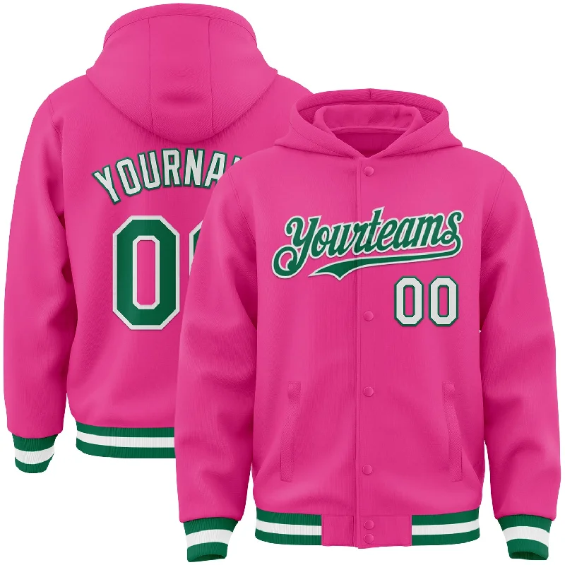Comfortable And Stylish Unisex Outfits Popular Collection Custom Pink Kelly Green-White Bomber Full-Snap Varsity Letterman Hoodie Jacket Comfortable And Stylish Unisex Outfits Popular Collection Custom Pink Kelly Green-White Bomber Full-Snap Varsity Letterman Hoodie Jacket