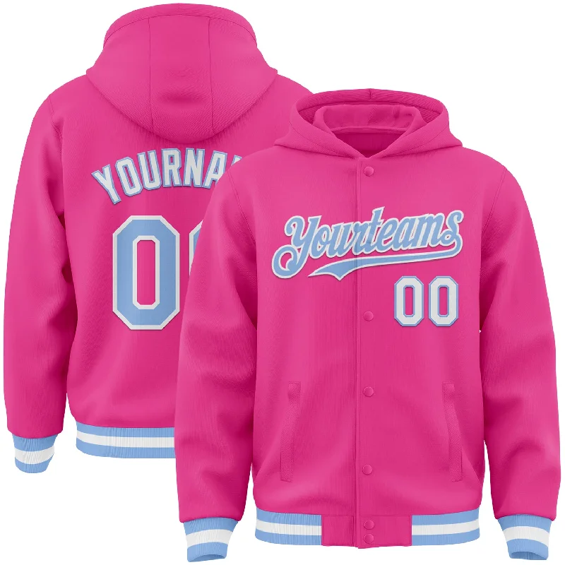 Sleek And Contemporary Gender-Free Outfits Timeless Elegance Sale Custom Pink Light Blue-White Bomber Full-Snap Varsity Letterman Hoodie Jacket Sleek And Contemporary Gender-Free Outfits Timeless Elegance Sale Custom Pink Light Blue-White Bomber Full-Snap Varsity Letterman Hoodie Jacket