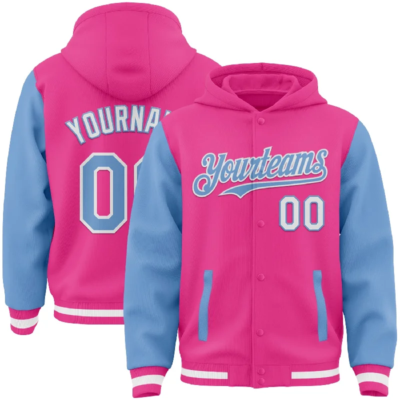 Gender-Neutral Fashion For Everyday Style Bold Style Discounts Custom Pink Light Blue-White Bomber Full-Snap Varsity Letterman Two Tone Hoodie Jacket Gender-Neutral Fashion For Everyday Style Bold Style Discounts Custom Pink Light Blue-White Bomber Full-Snap Varsity Letterman Two Tone Hoodie Jacket