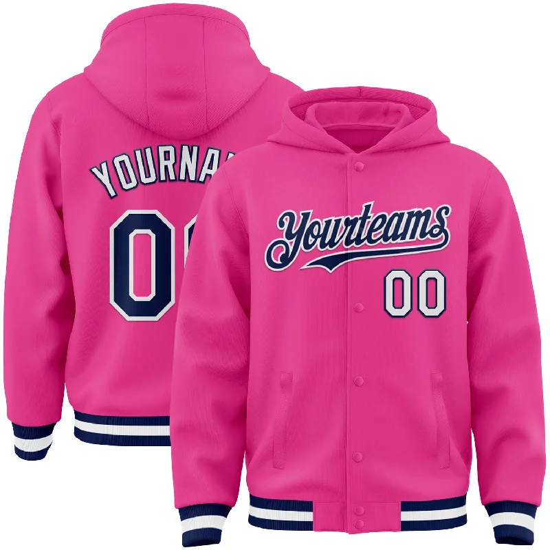 Oversized Unisex Fashion Pieces Playful Fashion Offers Custom Pink Navy-White Bomber Full-Snap Varsity Letterman Hoodie Jacket Oversized Unisex Fashion Pieces Playful Fashion Offers Custom Pink Navy-White Bomber Full-Snap Varsity Letterman Hoodie Jacket