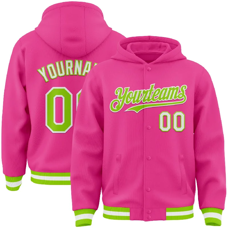 Versatile Unisex Layering Pieces Sophisticated Street Style Offers Custom Pink Neon Green-White Bomber Full-Snap Varsity Letterman Hoodie Jacket Versatile Unisex Layering Pieces Sophisticated Street Style Offers Custom Pink Neon Green-White Bomber Full-Snap Varsity Letterman Hoodie Jacket