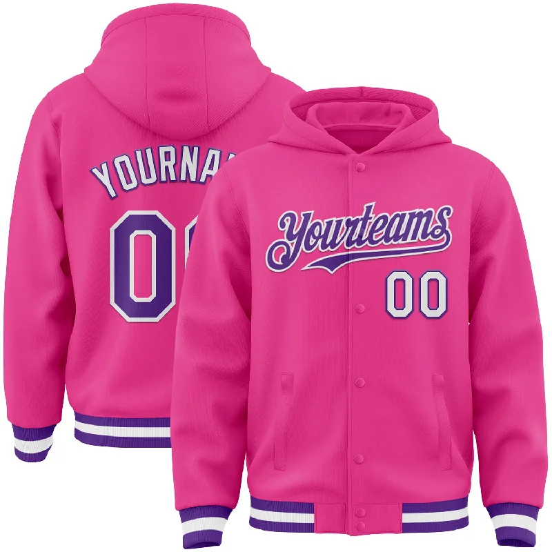 Gender-Neutral Clothing Styles Chic & Modern Sales Custom Pink Purple-White Bomber Full-Snap Varsity Letterman Hoodie Jacket Gender-Neutral Clothing Styles Chic & Modern Sales Custom Pink Purple-White Bomber Full-Snap Varsity Letterman Hoodie Jacket