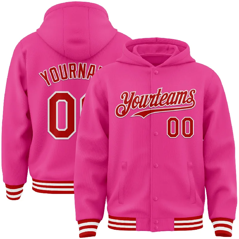 High-Quality Unisex Basics For All Occasions New Season Fashion Preview Sale Custom Pink Red-White Bomber Full-Snap Varsity Letterman Hoodie Jacket High-Quality Unisex Basics For All Occasions New Season Fashion Preview Sale Custom Pink Red-White Bomber Full-Snap Varsity Letterman Hoodie Jacket