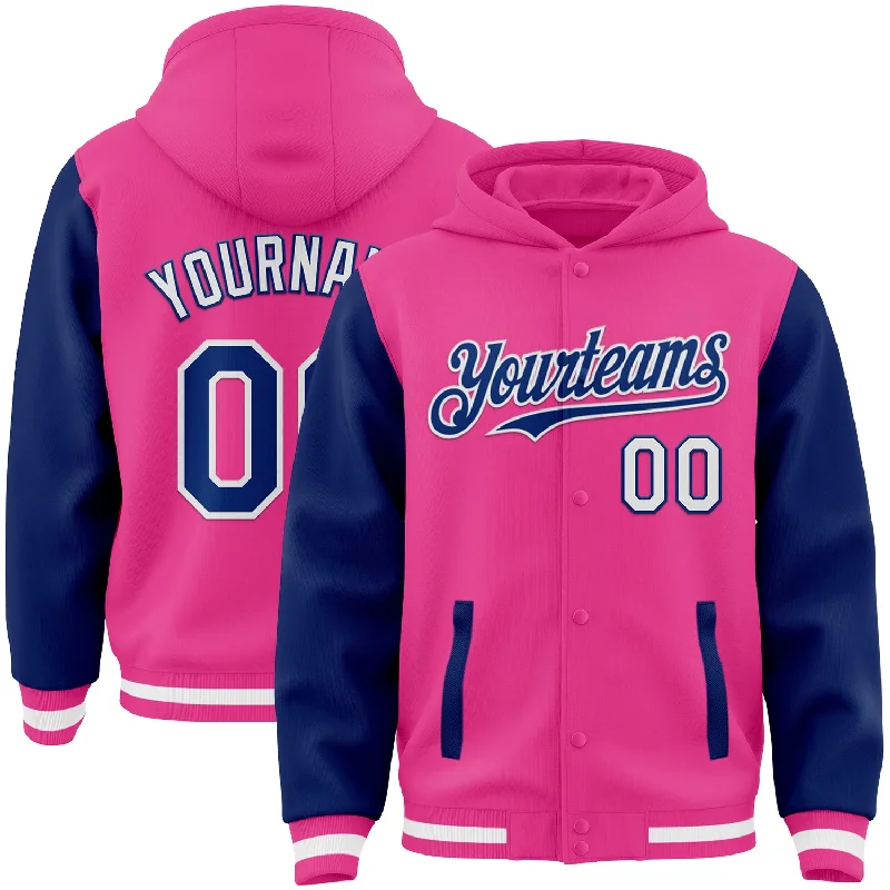Casual And Trendy Unisex Fashion Staples Contemporary Fashion Sale Custom Pink Royal-White Bomber Full-Snap Varsity Letterman Two Tone Hoodie Jacket Casual And Trendy Unisex Fashion Staples Contemporary Fashion Sale Custom Pink Royal-White Bomber Full-Snap Varsity Letterman Two Tone Hoodie Jacket