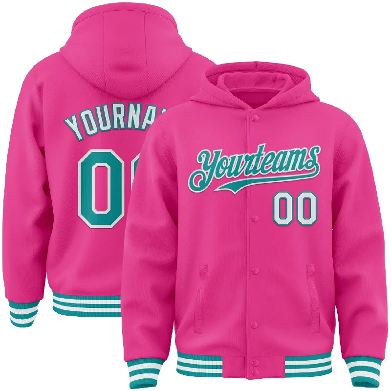 Breathable And Lightweight Unisex Wear Limited Time Offers Custom Pink Teal-White Bomber Full-Snap Varsity Letterman Hoodie Jacket Breathable And Lightweight Unisex Wear Limited Time Offers Custom Pink Teal-White Bomber Full-Snap Varsity Letterman Hoodie Jacket