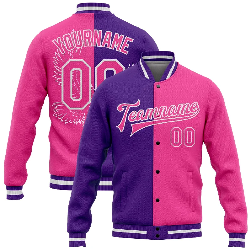 High-Quality Unisex Basics For Everyday Wear You'Ll Love Us Because Custom Purple Pink-White Eagle 3D Pattern Design Bomber Full-Snap Varsity Letterman Jacket High-Quality Unisex Basics For Everyday Wear You'Ll Love Us Because Custom Purple Pink-White Eagle 3D Pattern Design Bomber Full-Snap Varsity Letterman Jacket