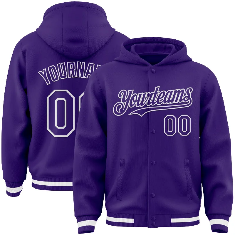 Comfortable Unisex Streetwear Hot Picks Custom Purple White Bomber Full-Snap Varsity Letterman Hoodie Jacket Comfortable Unisex Streetwear Hot Picks Custom Purple White Bomber Full-Snap Varsity Letterman Hoodie Jacket