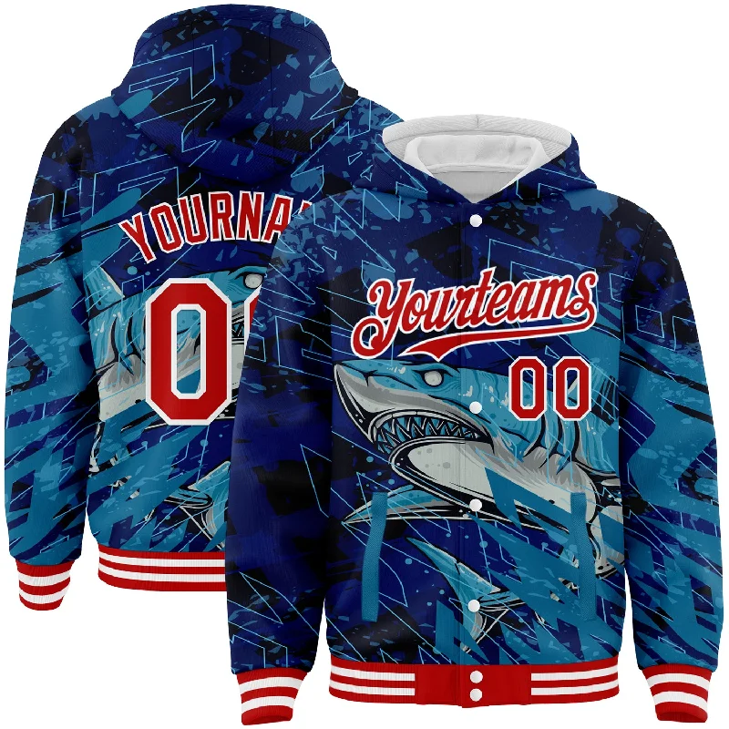 Minimalist Unisex Wardrobe Must-Haves Crazy Discounts, Hurry Up Custom Royal Red-White Marlin Fish Fishing 3D Bomber Full-Snap Varsity Letterman Hoodie Jacket
