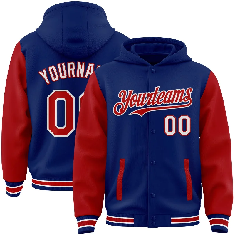 Modern Unisex Wardrobe Staples Hot Items Custom Royal Red-White Bomber Full-Snap Varsity Letterman Two Tone Hoodie Jacket Modern Unisex Wardrobe Staples Hot Items Custom Royal Red-White Bomber Full-Snap Varsity Letterman Two Tone Hoodie Jacket