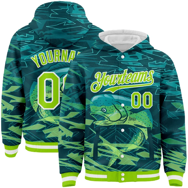 Unisex Everyday Fashion Essentials You'Ll Love Us Because Custom Teal Neon Green-White Mahimah Fish Fishing 3D Bomber Full-Snap Varsity Letterman Hoodie Jacket
