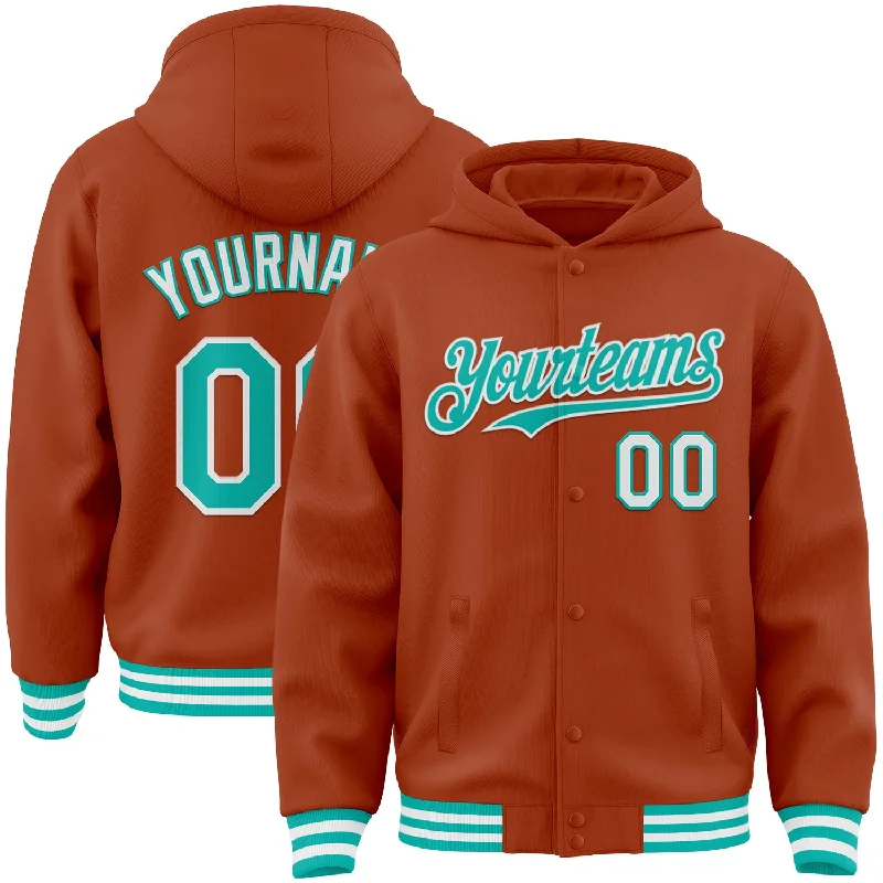 Trendy Unisex Chic Style Discounts Custom Texas Orange Aqua-White Bomber Full-Snap Varsity Letterman Hoodie Jacket