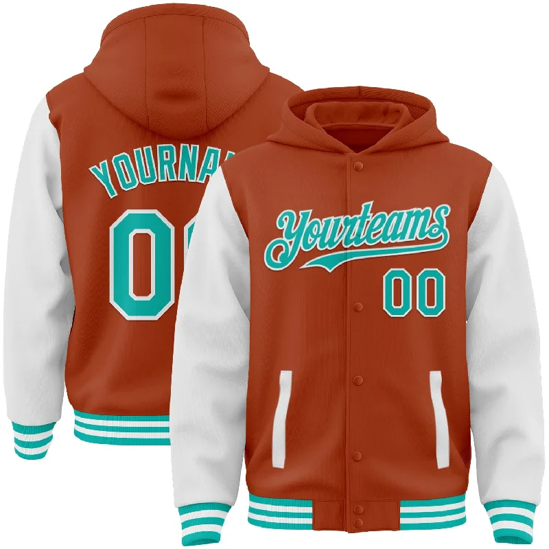 Sleek And Contemporary Gender-Free Outfits Fashion-Forward Custom Texas Orange Aqua-White Bomber Full-Snap Varsity Letterman Two Tone Hoodie Jacket Sleek And Contemporary Gender-Free Outfits Fashion-Forward Custom Texas Orange Aqua-White Bomber Full-Snap Varsity Letterman Two Tone Hoodie Jacket