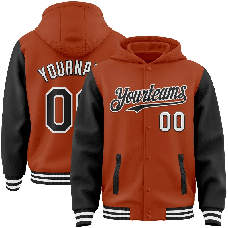 Versatile Gender-Free Wardrobe Essentials The Good Stuff Custom Texas Orange Black-White Bomber Full-Snap Varsity Letterman Two Tone Hoodie Jacket Versatile Gender-Free Wardrobe Essentials The Good Stuff Custom Texas Orange Black-White Bomber Full-Snap Varsity Letterman Two Tone Hoodie Jacket