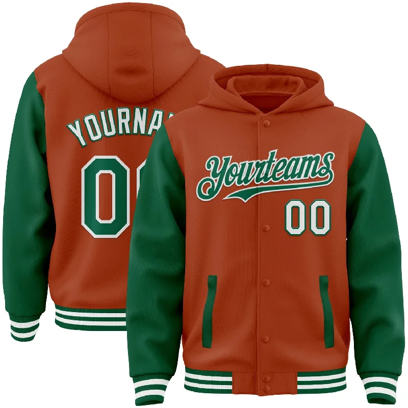 Sleek And Stylish Unisex Outerwear Catch Every Fashion Trend Custom Texas Orange Kelly Green-White Bomber Full-Snap Varsity Letterman Two Tone Hoodie Jacket