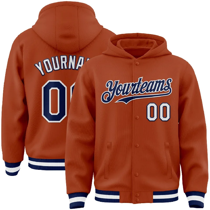 Comfortable Unisex Streetwear Urban Fashion Custom Texas Orange Navy-White Bomber Full-Snap Varsity Letterman Hoodie Jacket Comfortable Unisex Streetwear Urban Fashion Custom Texas Orange Navy-White Bomber Full-Snap Varsity Letterman Hoodie Jacket