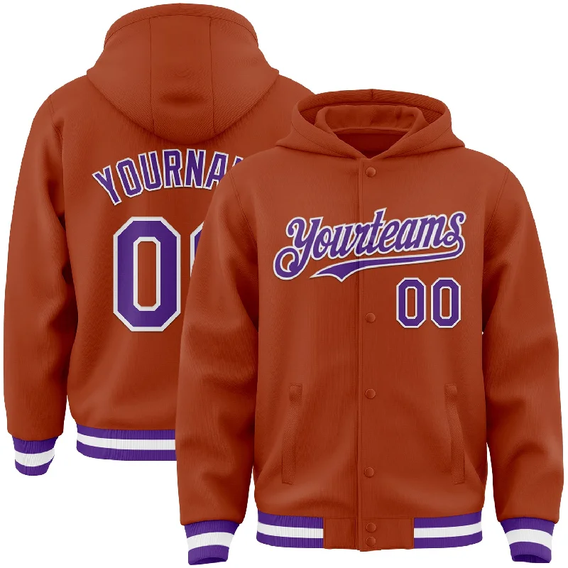 Casual Yet Sophisticated Unisex Fashion Boutique Styles Custom Texas Orange Purple-White Bomber Full-Snap Varsity Letterman Hoodie Jacket Casual Yet Sophisticated Unisex Fashion Boutique Styles Custom Texas Orange Purple-White Bomber Full-Snap Varsity Letterman Hoodie Jacket