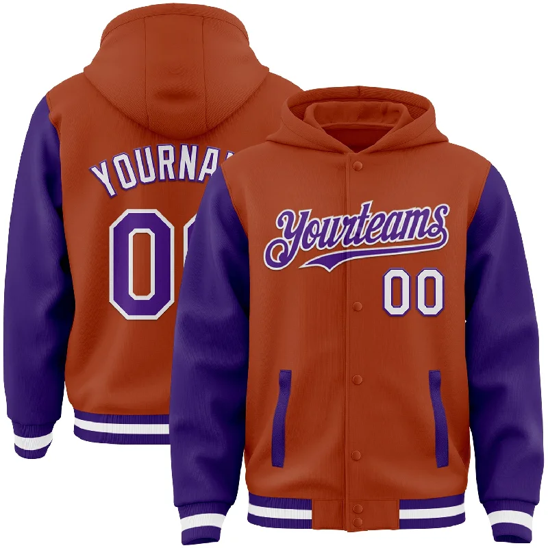 Everyday Wear For Men And Women Forward Trendsetter Custom Texas Orange Purple-White Bomber Full-Snap Varsity Letterman Two Tone Hoodie Jacket Everyday Wear For Men And Women Forward Trendsetter Custom Texas Orange Purple-White Bomber Full-Snap Varsity Letterman Two Tone Hoodie Jacket