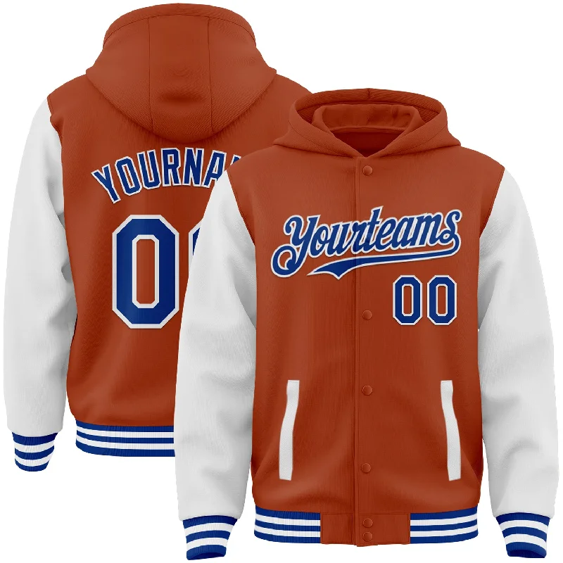 Minimalist Unisex Wardrobe Must-Haves Day-To-Night Styles Custom Texas Orange Royal-White Bomber Full-Snap Varsity Letterman Two Tone Hoodie Jacket Minimalist Unisex Wardrobe Must-Haves Day-To-Night Styles Custom Texas Orange Royal-White Bomber Full-Snap Varsity Letterman Two Tone Hoodie Jacket