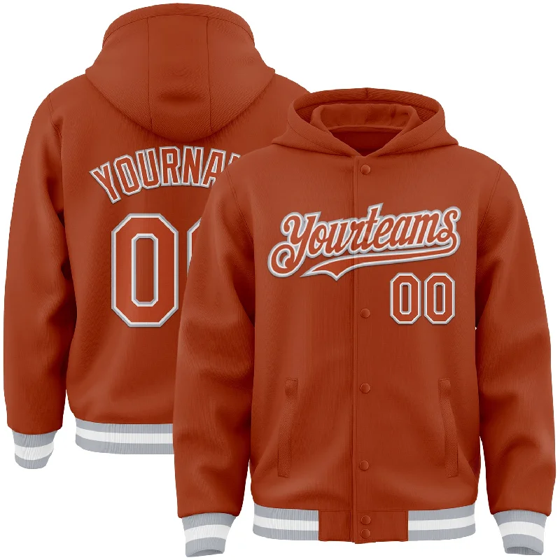 Gender-Neutral Clothing Styles Casual Fashion Custom Texas Orange White-Gray Bomber Full-Snap Varsity Letterman Hoodie Jacket Gender-Neutral Clothing Styles Casual Fashion Custom Texas Orange White-Gray Bomber Full-Snap Varsity Letterman Hoodie Jacket