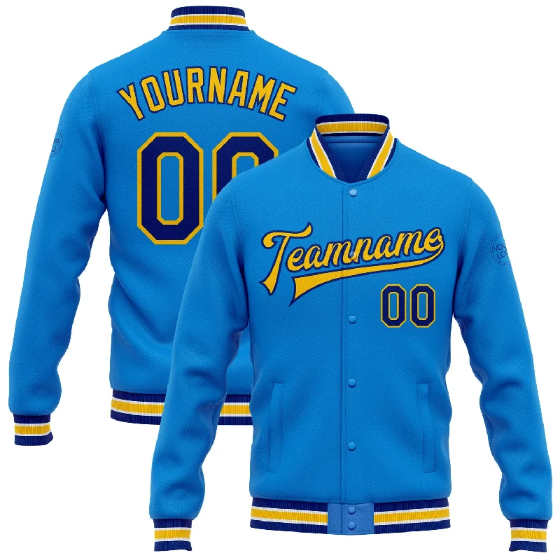Contemporary Gender-Free Clothing Styles Hot Deals Custom Powder Blue Royal-Yellow Bomber Full-Snap Varsity Letterman Jacket Contemporary Gender-Free Clothing Styles Hot Deals Custom Powder Blue Royal-Yellow Bomber Full-Snap Varsity Letterman Jacket