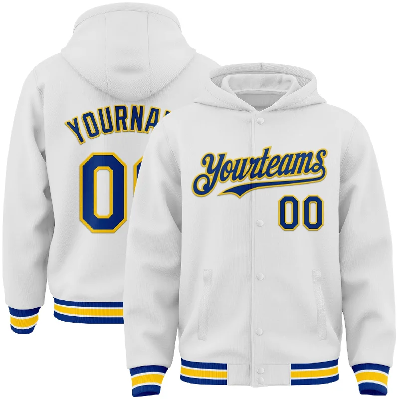 Casual Yet Sophisticated Unisex Fashion Massive Savings Custom White Royal-Yellow Bomber Full-Snap Varsity Letterman Hoodie Jacket Casual Yet Sophisticated Unisex Fashion Massive Savings Custom White Royal-Yellow Bomber Full-Snap Varsity Letterman Hoodie Jacket