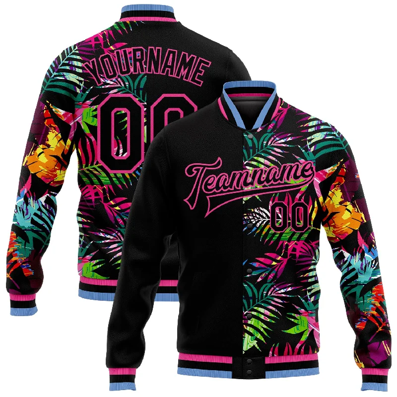 Fashion-Forward Unisex Apparel Limited Edition Custom Black Pink-Light Blue Hawaii Palm Trees 3D Bomber Full-Snap Varsity Letterman Jacket Fashion-Forward Unisex Apparel Limited Edition Custom Black Pink-Light Blue Hawaii Palm Trees 3D Bomber Full-Snap Varsity Letterman Jacket