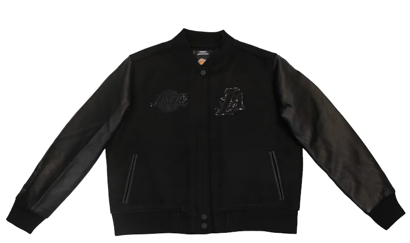 Versatile And Stylish Unisex Apparel Limited Stock, Big Sale Lakers Women's Triple Black Wool Varsity Jacket Versatile And Stylish Unisex Apparel Limited Stock, Big Sale Lakers Women's Triple Black Wool Varsity Jacket
